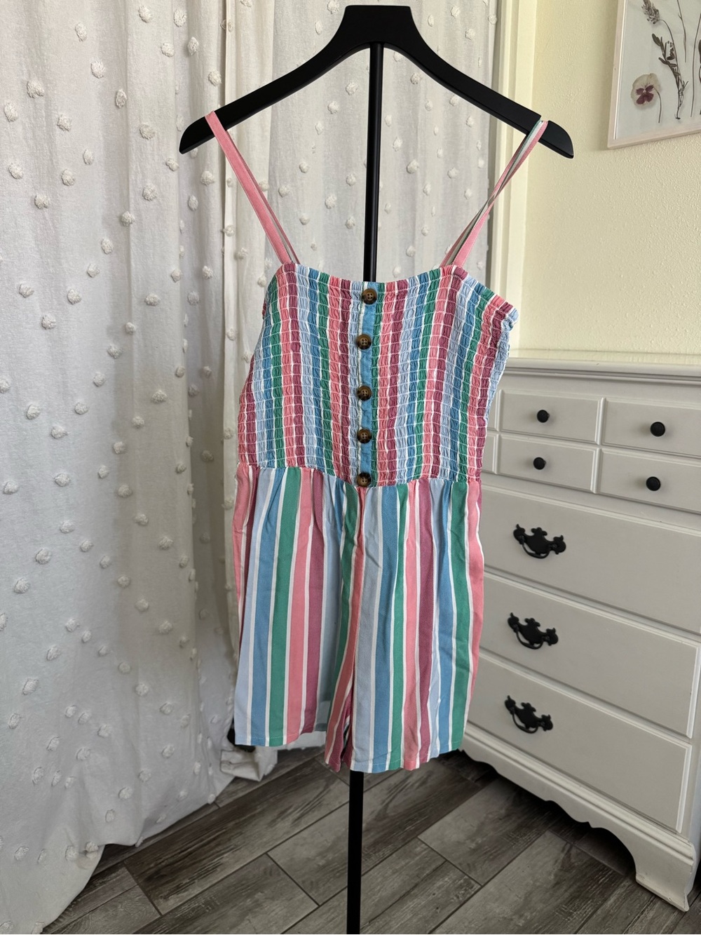 Arizona Jean Company Pink, Blue & Green Striped Smocked Romper
